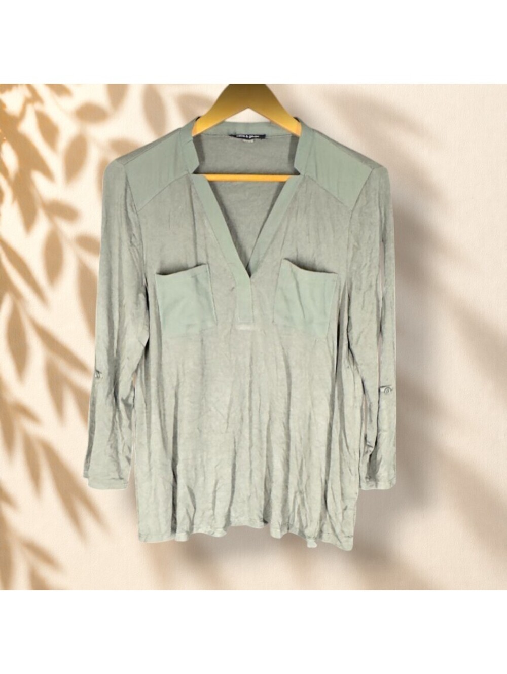 Cable & Gauge Blouse Women L Large Gray V-Neck 3/4 Sleeve Pockets Casual Solid